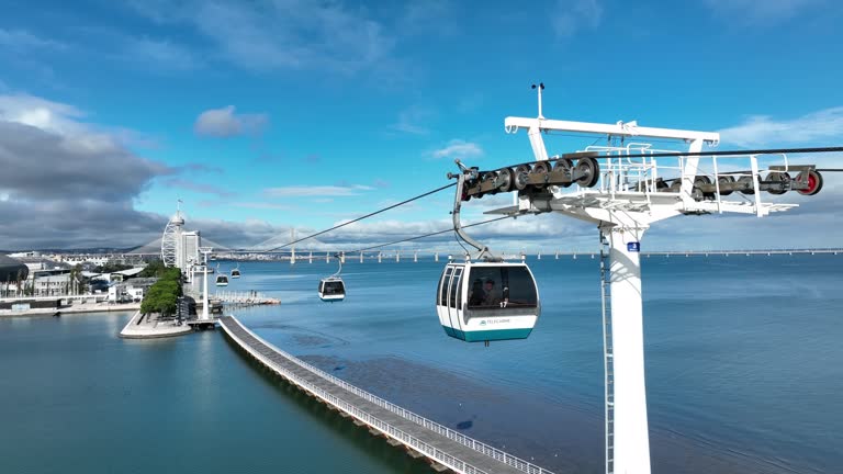 Telecabine Lisboa at Park of Nations (Parque das Nacoes). Cable car in the modern district of Lisbon over the Tagus river on a Summer day. 4k