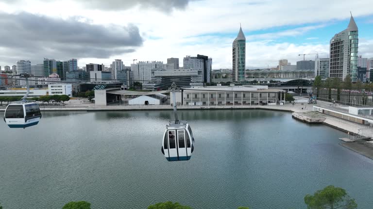 Telecabine Lisboa at Park of Nations (Parque das Nacoes). Cable car in the modern district of Lisbon over the Tagus river on a Summer day. 4k