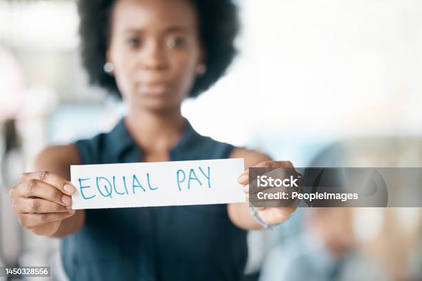 Paper Sign Gender And Finance Equality With Black Woman Salary And Pay Gap Equity Balance And Opinion For Fair Opportunity Human Rights Bias And Social Transformation With Business Employee Stock Photo - Download Image Now