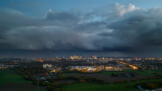 Cityscape and cloudscape at dusk - Frankfurt, Germany - aerial view