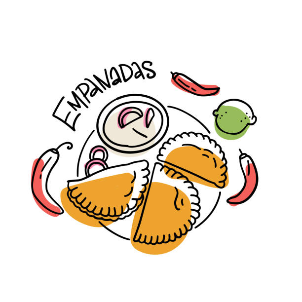 ilustrações de stock, clip art, desenhos animados e ícones de mexican empanadas with chili peppers, sauce and lime on white background with abstract colorful shapes. vector sketch illustration latin american food in linear doodle style for packaging, sublimation - chili pepper illustrations