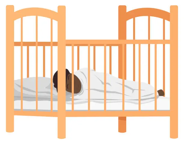 Vector illustration of Child sleeps in bed in kids bedroom. African american baby lies in crib isolated on white