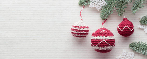 istock Beautiful cute crocheted christmas balls for decoration Horizontal Banner with copyspace 1450332068