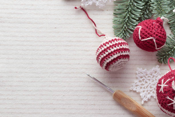 istock Beautiful cute crocheted christmas balls for decoration Horizontal Banner with copyspace 1450332120