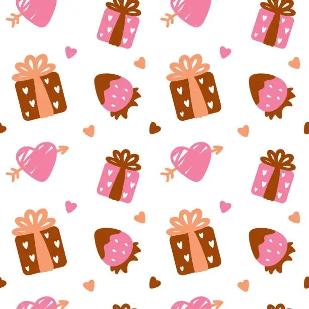 Vector illustration of San Valentine's day, pink print.Sweet desserts and cute gifts.