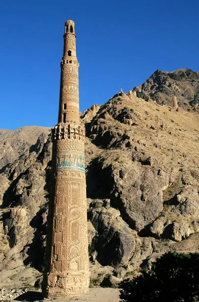 Minaret of Jam, Ghor Province in Afghanistan. The Jam minaret is a UNESCO site in a remote part of Central Afghanistan. The Minaret of Jam is an outstanding example of ancient Islamic architecture.