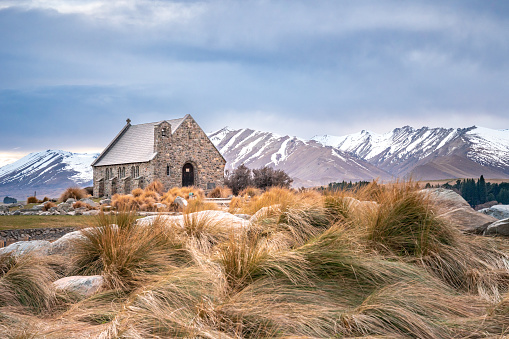 Beautiful scene of Church of good Shepherd in the winter morning, Lake Tekapo, New Zealand South Island