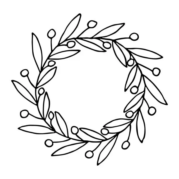 Vector illustration of Hand drawn frame of branch with berries and leaves. Christmas swreath doodle. Winter clipart.