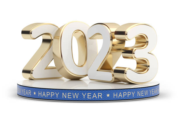 istock 2023 Happy New Year. 3D golden text isolated on white 1450340050