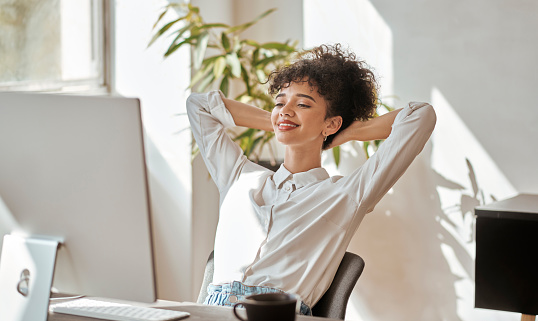 Relax, computer or business woman success with smile for company target goal, marketing growth or advertising strategy in office. Happy or girl for business portfolio, stock market or crypto deal