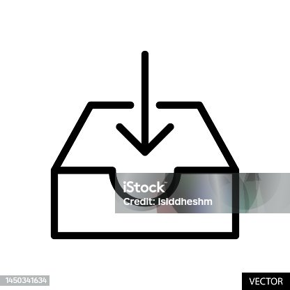 istock Inbox, Download box vector icon in line style design isolated on white background. Editable stroke. 1450341634