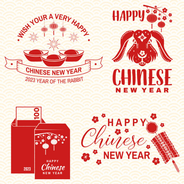 Happy Chinese 2023 New Year design in retro style. Chinese New Year of rabbit felicitation classic postcard. Chinese sign year of rabbit greeting card. Banner for website template. Vector illustration. Happy Chinese 2023 New Year design in retro style. Chinese New Year of rabbit felicitation classic postcard. Chinese sign year of rabbit greeting card. Banner for website template. Vector illustration fire rabbit zodiac stock illustrations