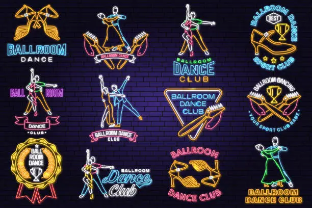 Vector illustration of Set of Ballroom dance sport club Bright Neon Sign. Dance sport neon emblem with shoe brush, man and woman silhouette. Vector. Rumba, salsa, samba couples dancing ballroom style.