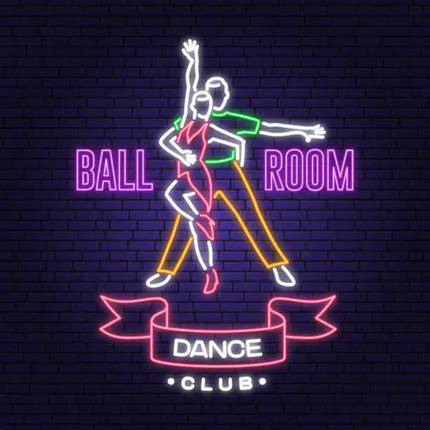Vector illustration of Ballroom dance sport club Bright Neon Sign. Dance sport neon emblem with man and woman silhouette. Vector. Rumba, salsa, samba couples dancing ballroom style.
