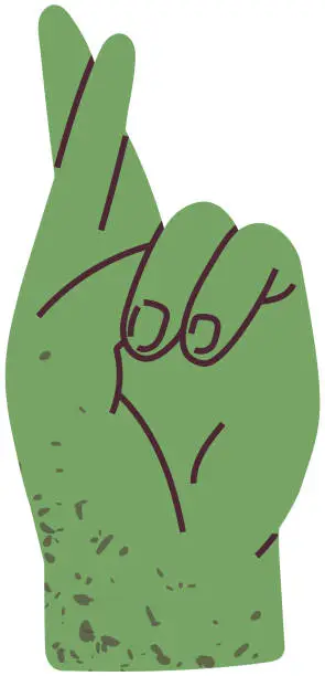 Vector illustration of Green human hand showing gesture of good luck. Fingers crossed as sign of hope for success
