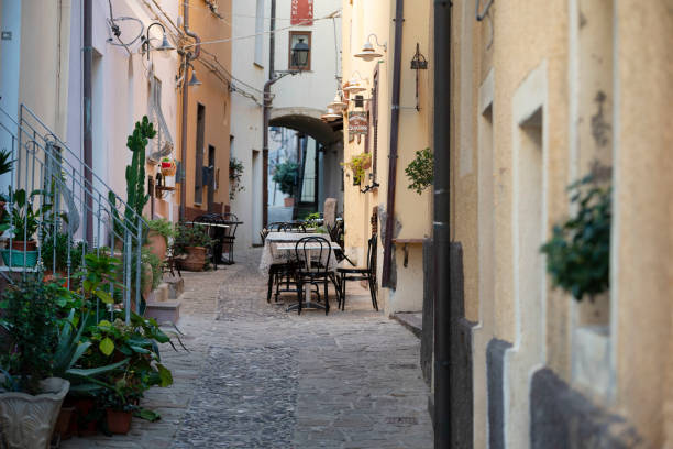 Castelsardo, Sardinia, Italy beautiful streets with terrace. stock photo