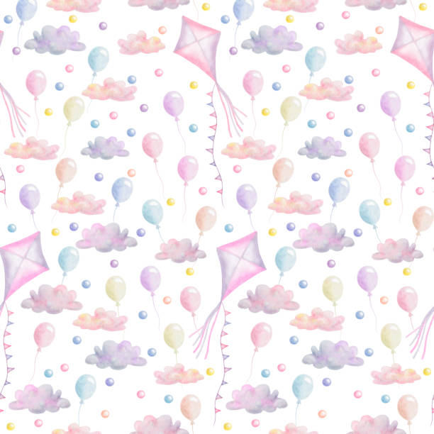 ilustrações de stock, clip art, desenhos animados e ícones de watercolor seamless pattern. hand painted illustration of sky with kites, clouds, birds, air balloons in purple, blue, pink, yellow colors. print on white background for fabric textile, packaging - air nature high up pattern