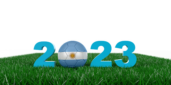 Argentina 2023 numbers, Zero replaced by soccer ball with national Argentinian flag.  Grass over white background. 3D illustration with copy space.