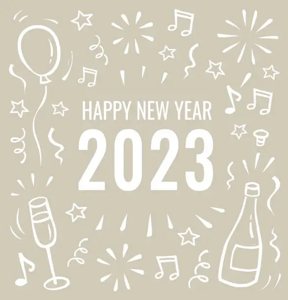 Vector illustration of Happy new year 2023 card, doodle