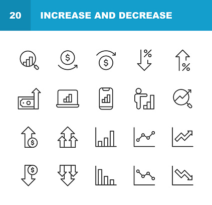 20 Increase and Decrease Line Icons. Arrow, Benefits, Charity Benefit, Chart, Contrasts, Crash, Currency, Development, Diagram, Direction, Downloading, Falling, Finance, Finance and Economy, Financial Report, Graph, Growth, High Up, Interest Rate, Investment, Lowering, Making Money, Mathematics, Moving Down, Moving Up, Negative Emotion, Performance, Planning, Pointing, Positive Emotion, Presentation, Price, Reduction, Sharing, Stock Market and Exchange, Stock Market Data, Success, Traffic Arrow Sign.