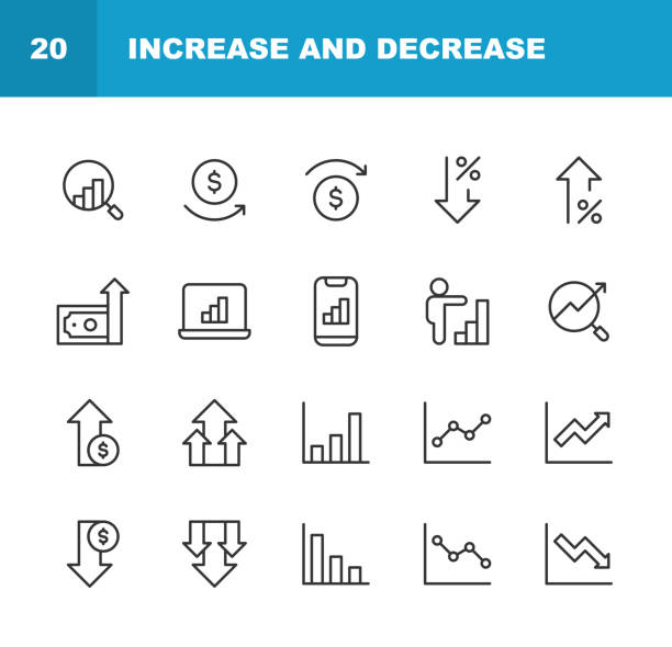Increase and Decrease Line Icons. Editable Stroke, Contains such icons as Arrow, Chart, Diagram, Finance and Economy, Direction, Graph, Growth, Interest Rate, Investment, Performance, Planning, Sharing, Stock Market Data, Success, Traffic. vector art illustration