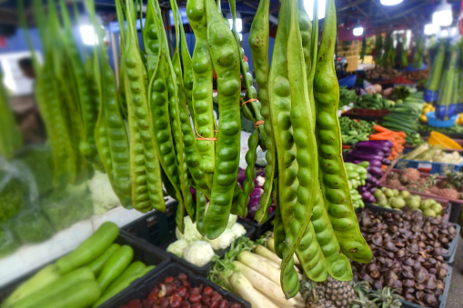 Bitter beans, Parkia speciosa bean, at farmer's market in Kuala Lumpur