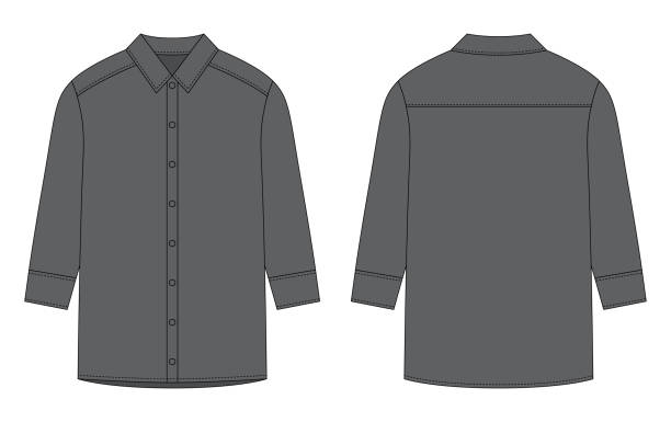 istock Oversized shirt with long sleeves and buttons technical sketch. Grey color. Unisex casual shirt mock up. 1450355623