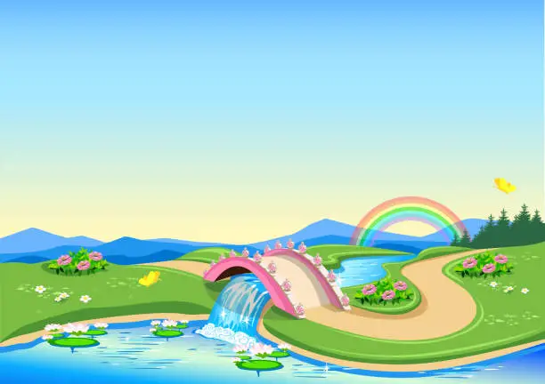 Vector illustration of Fairy tale background with bridge