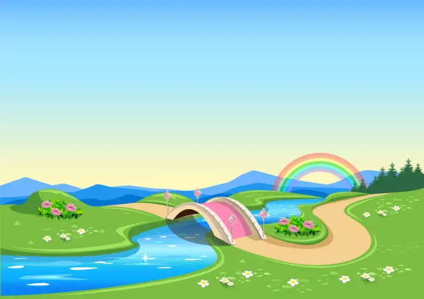 Vector illustration of Fairy tale background with bridge