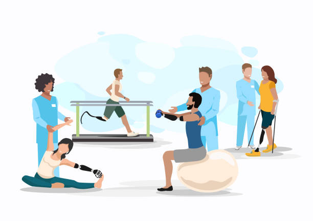 Prosthetics and rehabilitation People after amputation are undergoing rehabilitation in a medical center. People, together with the doctor, learn to run and walk on a prosthetic leg and manage a prosthetic arm. Vector illustration sports medicine stock illustrations