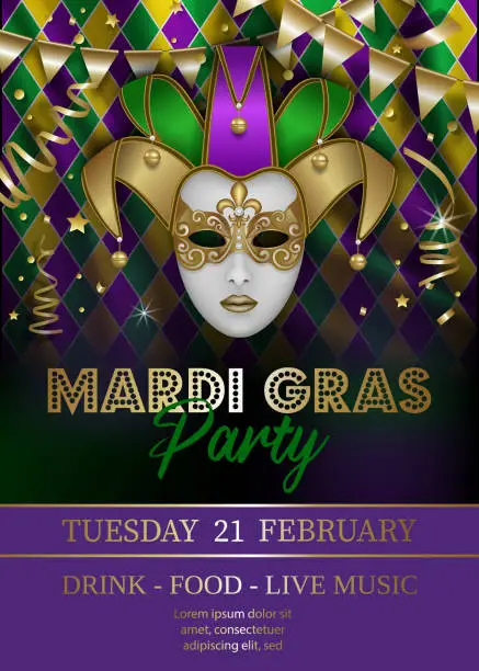 Vector illustration of mardi gras poster with jolly mask and streamers