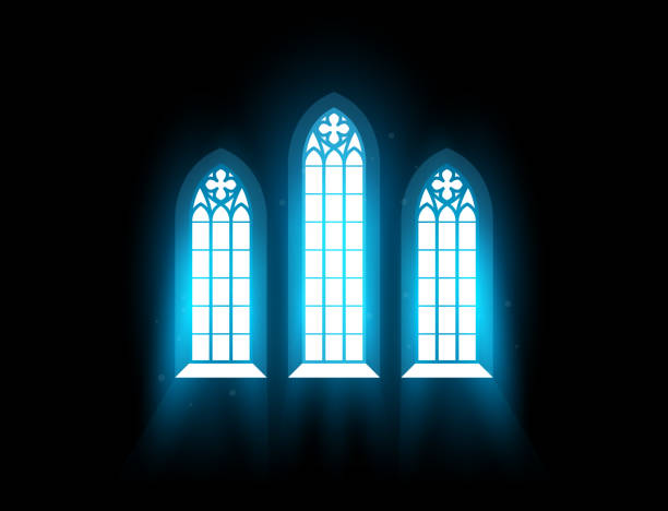 ilustraciones, imágenes clip art, dibujos animados e iconos de stock de interior de la iglesia con vidriera, resplandor matutino en la oscuridad, ventana de la capilla católica, vector - stained glass church window glass