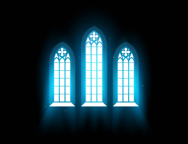 ilustrações, clipart, desenhos animados e ícones de interior da igreja com vitrais, brilho matinal no escuro, janela da capela católica, vetor - stained glass church window glass