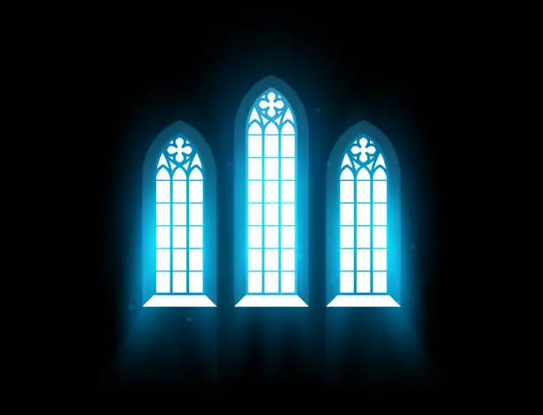 Vector illustration of Church interior with stained-glass window, morning radiance in dark,  catholic chapel window, vector