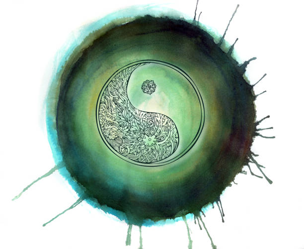 ilustraciones, imágenes clip art, dibujos animados e iconos de stock de ying y yang en verde - tibet tibetan buddhism buddhism color image