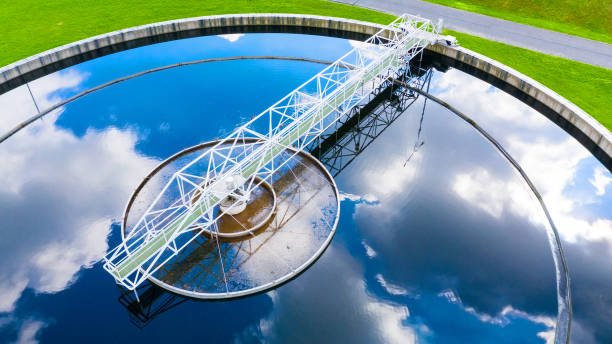 Sewage treatment plant. Sewage treatment plant from above. Grey water recycling. Waste management theme. Ecology and environment in European Union. Produced Water Treatment Technologies stock pictures, royalty-free photos & images