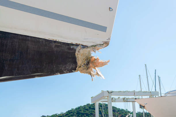The bow of the sailboat damaged by a collision with rocks. stock photo