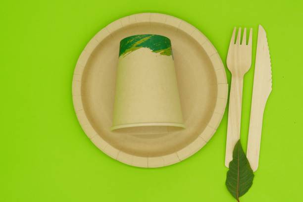istock Ecological plates, fork, knife and glass, eco-friendly, composting, disposable and recyclable materials. Zero plastic, save the planet, stop plastic. Waste recycling concept. Ban single-use plastics 1450368218