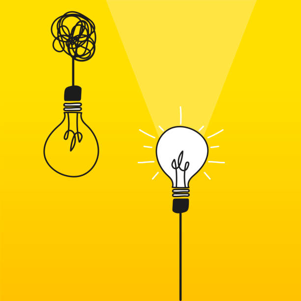 istock Concept of brainstorming and innovative ideas. Light bulbs on a yellow background, creative process. Vector illustration 1450372570