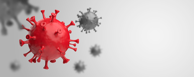 Coronavirus 3D rendering copy space. Realistic Covid red on a gray background. Horizontal banner, poster, website header.