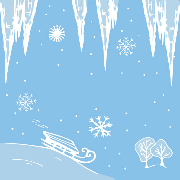 썰매, 고드름, 눈송이, 강설량이있는 겨울 카드. 푸른 색. 벡터 그림입니다. - january winter icicle snowing stock illustrations