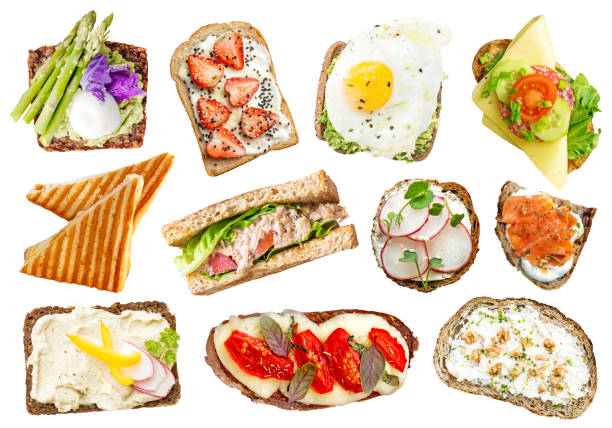 istock Delicious sandwiches with various ingredients isolated top view 1450377217