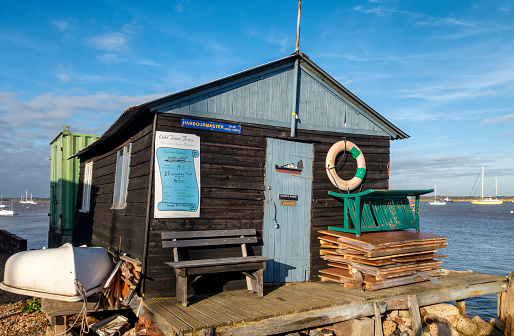 The Harbourmaster’s hut at Felixstowe Ferry, a small fishing hamlet near Felixstowe in Suffolk, Eastern England. The hamlet is on the River Deben estuary, opposite Bawdsey.