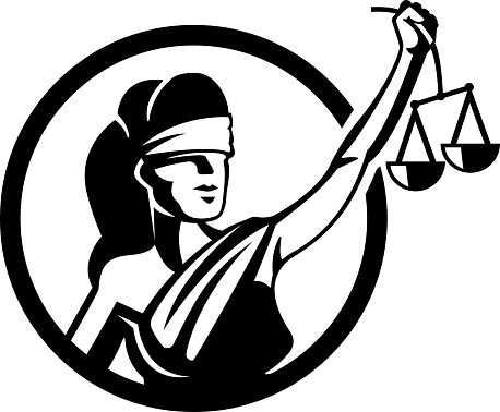 Icon illustration of blind justice holding the scales of justice .