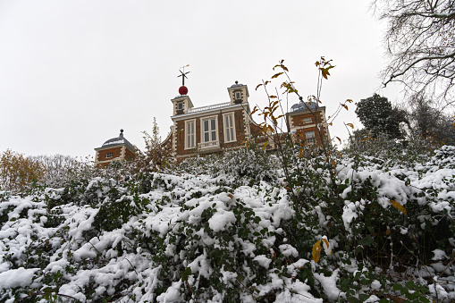 Observatory Greenwich London in Great Britain in Winter covered by the snow