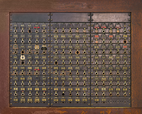 Close-up of old telephone switchboard