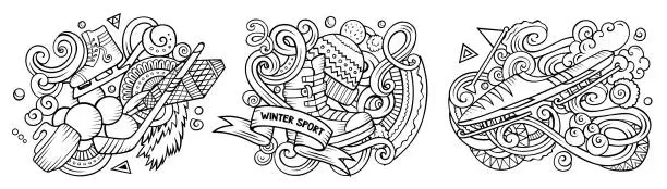 Vector illustration of Winter sports cartoon vector doodle designs set.