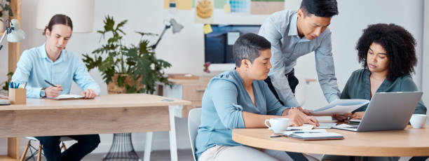 istock Communication, people and sharing office with corporate coworkers, teamwork and collaboration. Cooperation, planning and development of business marketing proposal strategy in workspace. 1450383129
