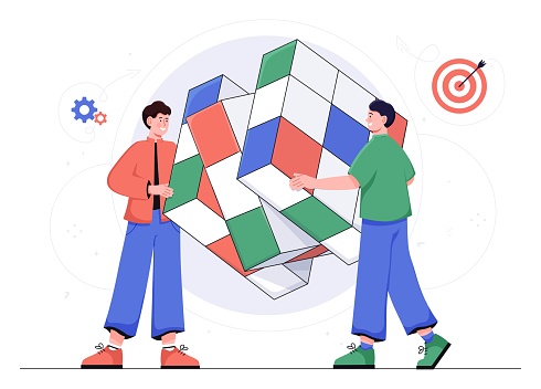 Cube Teamwork. Men trying to find solution to puzzle, answer to question. Brainstorming, insight and idea, creative individuals. Poster or banner for website. Cartoon flat vector illustration