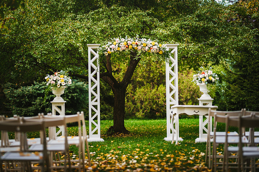 Beautiful wedding arch decorated with fresh flowers